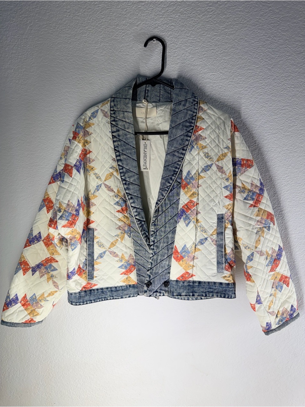 BLANK NYC - Quilted Patchwork Jacket with Denim Trim - White/Multi